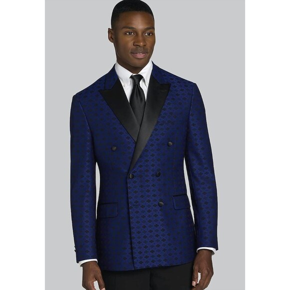 Slim Fit Double Breasted Medallion Jacquard Blue